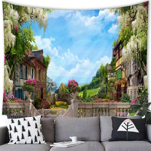 European landscape tapestry featuring a floral stone bridge and rustic village houses
