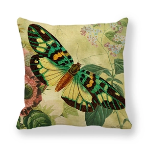 Linen pillow cover with vintage green butterfly and pink flowers illustration on white background