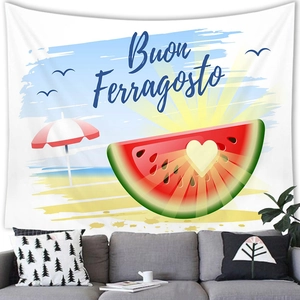 Sommerlicher Wandteppich mit Strandmotiv, Wassermelone und Sonne für Wohnzimmerdeko