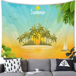 Wandteppich mit tropischem Strand, Sonnenuntergang, Palmen und Summer Time für Wohndeko