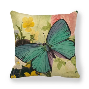 Artistic butterfly and flower print linen pillowcase with vintage Jean Plout signature