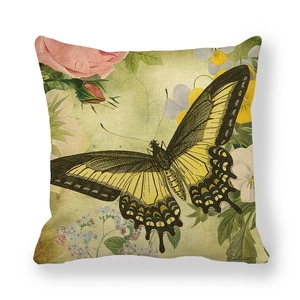 Linen cushion cover with vintage yellow butterfly and pink rose botanical design