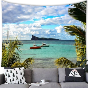 Tropical sunset beach landscape tapestry with palm leaves and yacht for wall decor