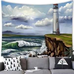 Sunset beach scenery tapestry with lighthouse and ocean waves for wall decoration
