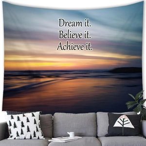 Sunset beach scenery tapestry with Dream it Believe it Achieve it motivational quote