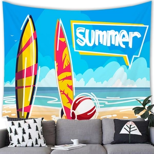 Tapisserie murale de plage de dessin animé avec planches de surf sur un canapé gris