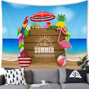Tenture murale plage Hello Summer avec flamants roses et motifs tropicaux sur canapé