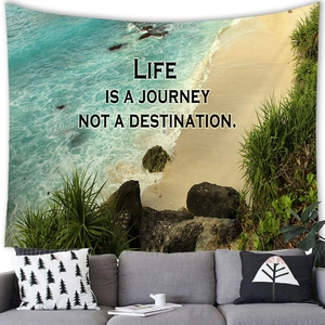 Sunset beach tapestry with ocean scenery and Life is a Journey inspirational quote print