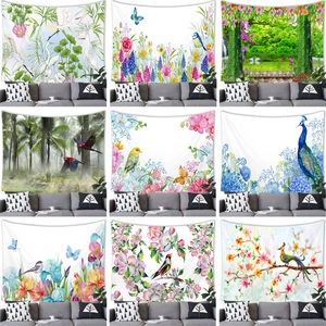 Watercolor Floral Bird Landscape Tapestry Polyester Wall Hanging For Living Room Bedroom Decor Bohemian Artistic Digital Print Blanket