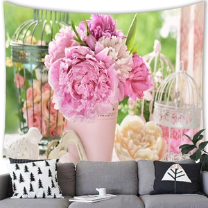 Wall hanging tapestry with pink peony flower and vintage birdcage for home wall decor