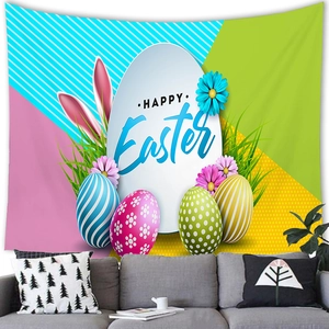 Happy Easter tapestry with colorful eggs and bunny ears hung above a grey living room sofa