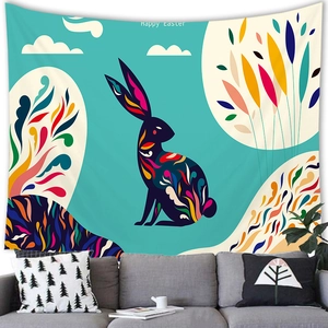 Modern Easter egg tapestry with rabbit silhouette and Happy Easter text for wall decor
