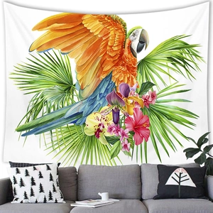 Tropical parrot wall tapestry with vibrant floral design hanging over a modern sofa