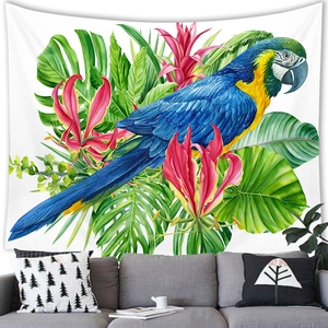 Tropical parrot tapestry with colorful macaw and jungle plants for home wall decor