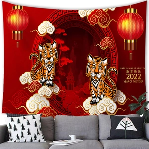 2022 Year of the Tiger festive wall tapestry featuring red lanterns and Chinese motifs