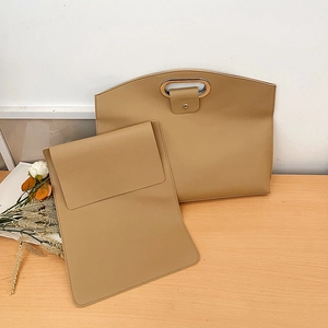Ensemble sacoche d'ordinateur en cuir PU kaki avec poignée métallique et pochette assortie