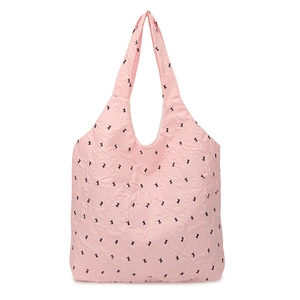 Pink pleated tote bag with black bow print and integrated shoulder strap design