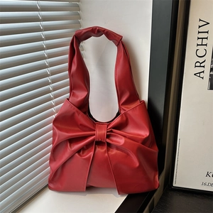Bowknot Pleated Tote Bag For Women PU Leather Large Capacity Chic Solid Color Shoulder Underarm Commuting Handbag
