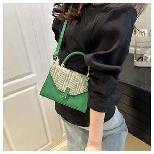 Detail of green leather and herringbone woven fabric handbag with gold buckle clasp
