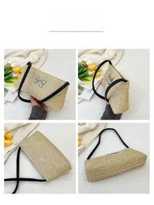 Four views of a woven straw shoulder bag with a silver bow and black leather strap