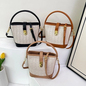 French retro straw bucket bag with leather trim in black, brown and khaki colors