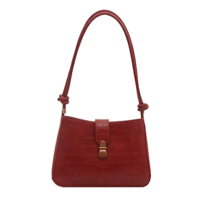 Sac baguette bordeaux classique avec motif crocodile et boucle dorée vintage