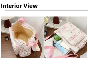 Internal layout of pink nylon crossbody bag showing large storage capacity for books and phone