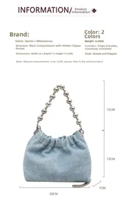 Detailed size specifications for blue denim rhinestone bucket bag with silver bead handle