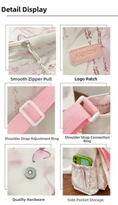 Macro details of pink butterfly crossbody bag showing straps, zipper, and side pocket