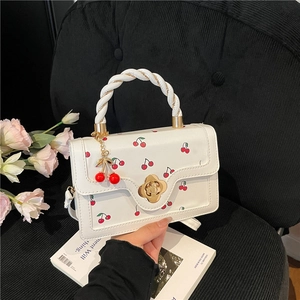 Cherry Print PU Leather Crossbody Bag With Twist Handle Metal Flower Lock And Charm Sweet Fresh Square Handbag For Women