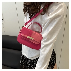 Detail of pink two-tone crossbody bag featuring a gold twist lock and leather texture