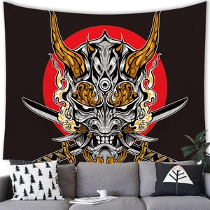 Japanese Oni skull tapestry with crossed katanas and red sun over a living room sofa