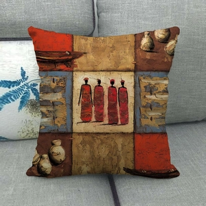 Close-up of African ethnic oil painting cushion cover with cotton linen fabric texture
