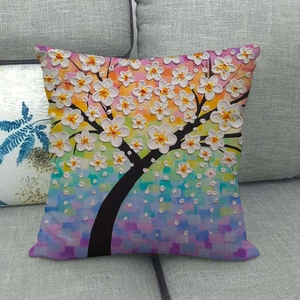 Detailed texture of linen cushion cover with impressionist oil painting tree
