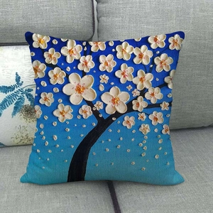 Detail of linen pillow cover with blue oil painting floral tree embossed texture