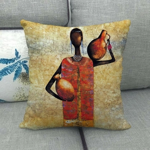 Detailed texture of African tribal art cushion cover on grey sofa with oil painting style