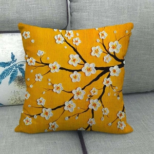 Linen throw pillow cover with yellow oil painting tree pattern on gray sofa