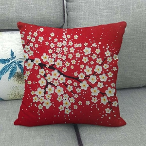 Linen cushion cover with red oil painting money tree and white flower patterns