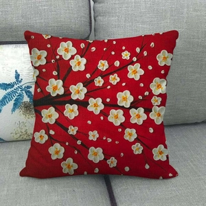 Linen pillow cover featuring red oil painting money tree and white flower design