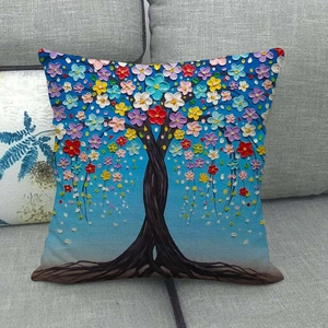 Linen pillow cover with oil painting style colorful lucky tree on a sofa