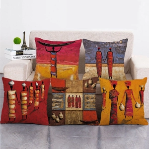 African Ethnic Style Oil Painting Woman Cushion Cover Square Linen Decorative Pillowcase For Sofa Decor Home Living Room