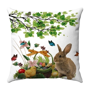 Dettaglio della federa in peluche pasquale con illustrazioni di coniglio e uova colorate