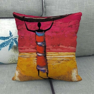 Ethnic African oil painting style cushion cover with abstract silhouette on grey sofa