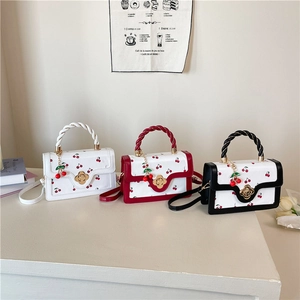 Cute cherry print small square bags with twist handles in white, red and black colors