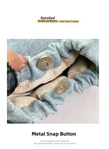 Macro detail of silver magnetic clasp on blue denim bucket bag with glitter accents