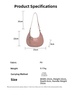 Détails du sac hobo rose avec nœud perlé et dimensions du produit en cuir PU