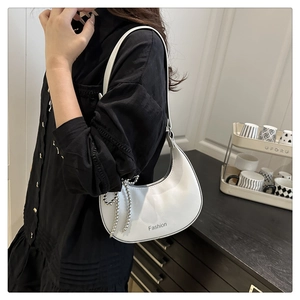 White hobo shoulder bag with silver bead chain decoration and Fashion lettering