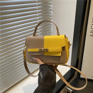 Women Crossbody Bag PU Leather Contrast Color Metal Lock Top Handle Fashion Shoulder Handbag For Daily Travel