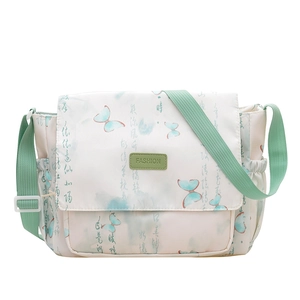 Minimalist white nylon messenger bag with blue butterfly and calligraphy prints