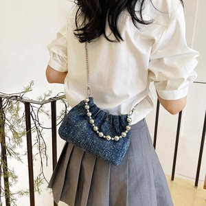 Blue denim chain bucket bag with large silver bead handle for women's casual style